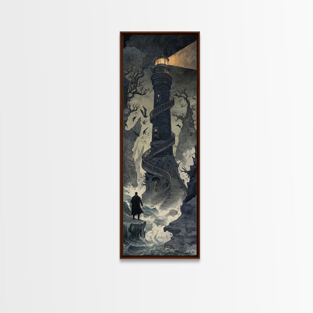 The Last Lighthouse Of Y’Ha-Nthlei, Symbolist Gothic Landscape, Tall Narrow Wall Art, Cosmic Horror Art, Canvas Print, Halloween Wall Art