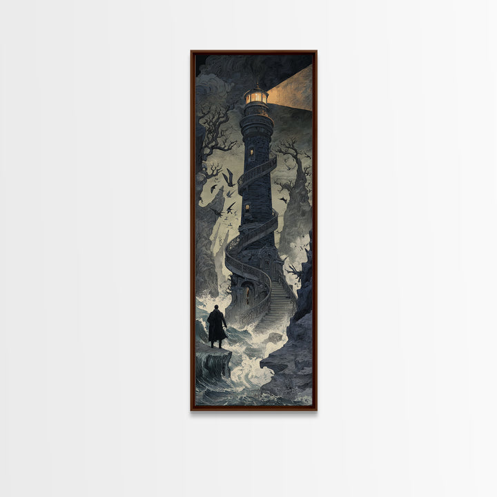 The Last Lighthouse Of Y’Ha-Nthlei, Symbolist Gothic Landscape, Tall Narrow Wall Art, Cosmic Horror Art, Canvas Print, Halloween Wall Art