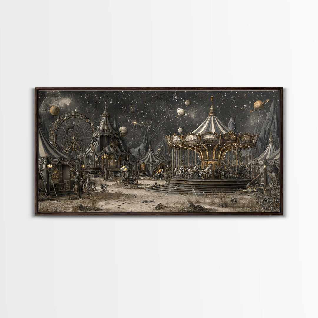 The Carousel Of Sleeping Planets, Apocalyptic Romantic Art, Wide Panoramic Art, Dark Halloween Decor, Framed Canvas Print