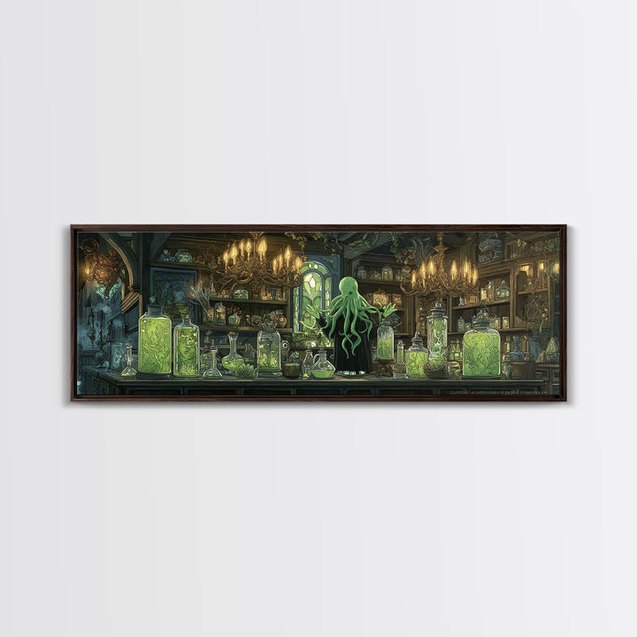 The Apothecary Of Black Seashell Dreams, Gothic Storybook Art, Extra Wide Wall Art, Eldritch Wall Decor, Framed Canvas Print