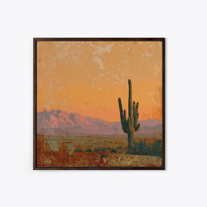 Saguaro Cactus under Orange Sunset Sky Framed Canvas Print, Desert Art, Textured Painting, Southwestern Decor, Fine Art, Desert, DES-1x1-1