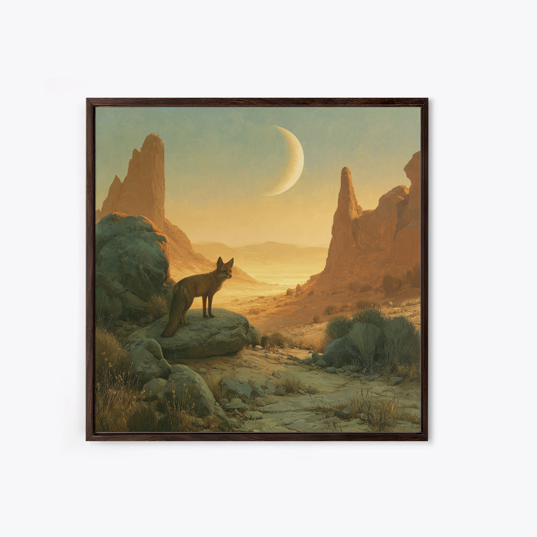 Desert Fox Beneath a Crescent Moon Canvas Print, Desert Art, Luxury Decor, Southwestern Decor, Fine Art, Desert, DES-1x1-17