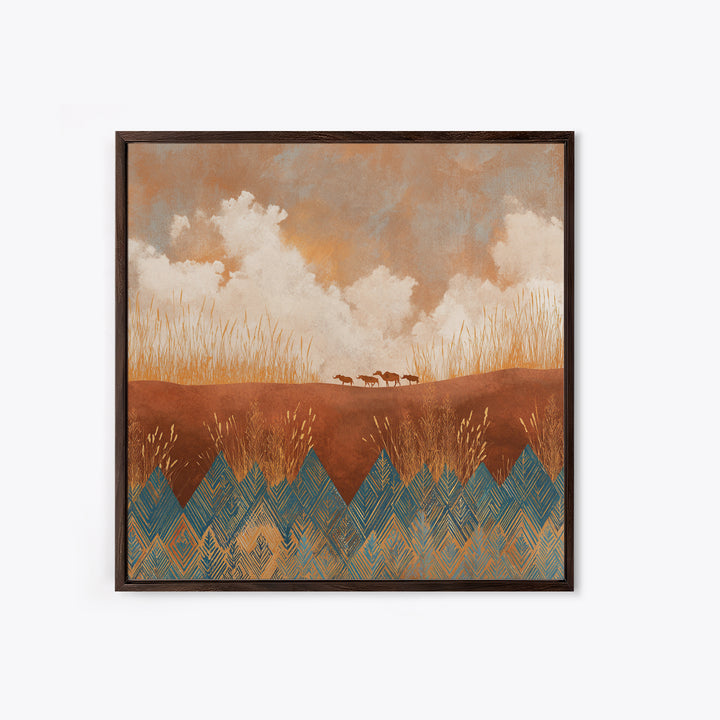 Saharan Dunes with Tiny Caravan Silhouettes Framed Canvas Print, Desert Art, Colorful Wall Art, Southwestern Decor, DES-1x1-2