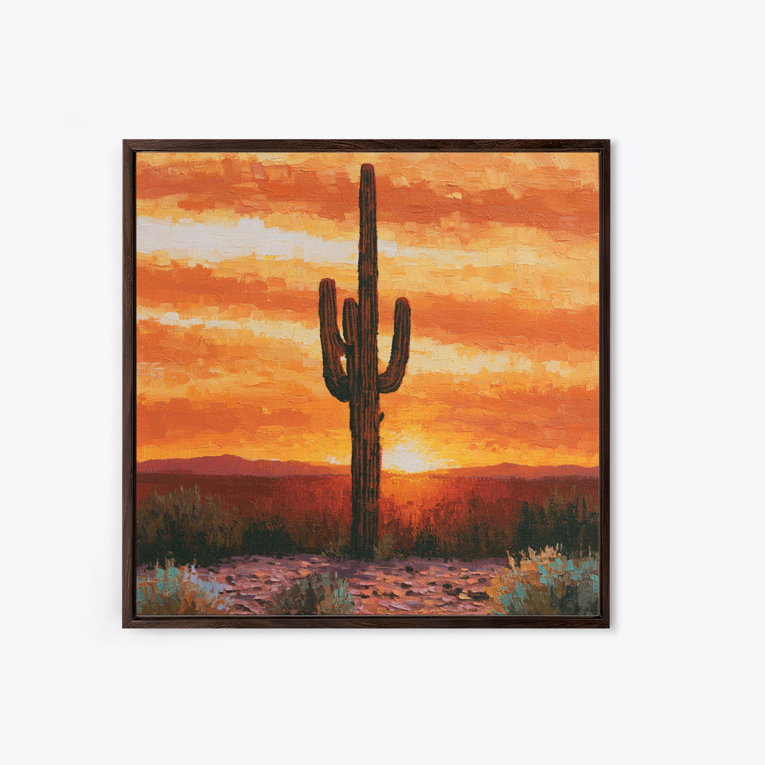 Saguaro Cactus under Orange Sunset Sky Canvas Print, Desert Art, Wall Decor, Southwestern Decor, Desert, Living Room Decor, DES-1x1-25