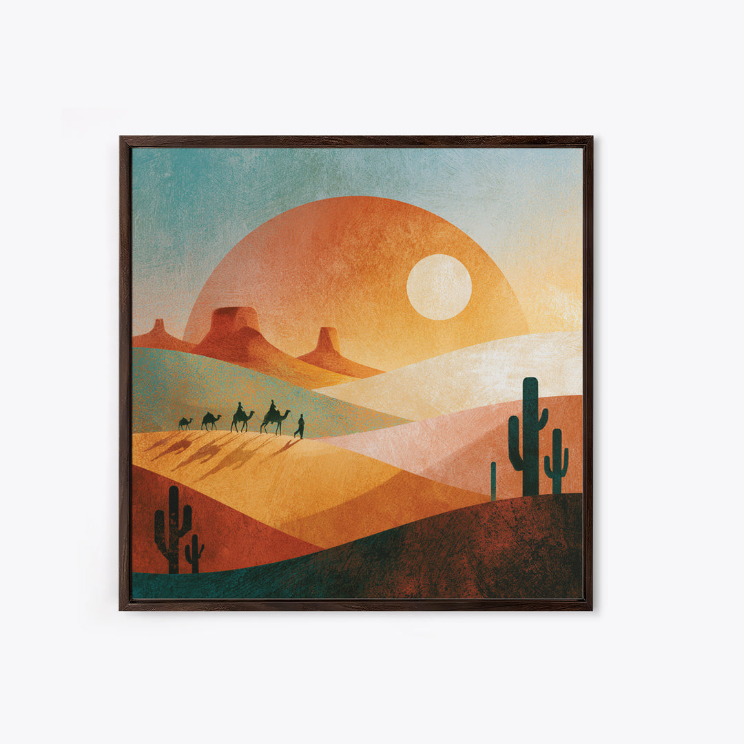 Saharan Dunes with Tiny Caravan Silhouettes Canvas Print, Desert Art, Neutral Decor, Southwestern Decor, Fine Art, Desert, DES-1x1-26