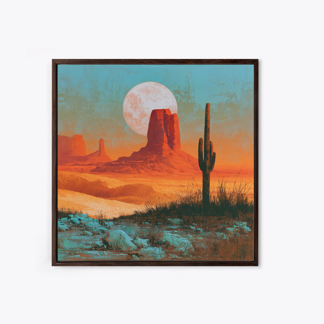 Desert Moon over Rolling Sand Framed Canvas Print, Desert Art, Fine Art Print, Southwestern Decor, Watercolor Art, Desert, DES-1x1-34