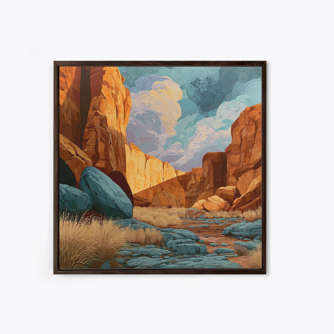 Sandstone Canyon with Dramatic Light Beam Framed Canvas Print, Desert Art, Textured Painting, Southwestern Decor, Desert, DES-1x1-40