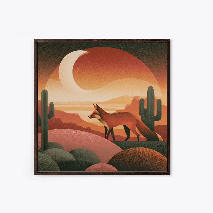 Desert Fox Beneath a Crescent Moon Framed Canvas Print, Desert Art, Wall Art, Southwestern Decor, Oil Painting, Desert, DES-1x1-41