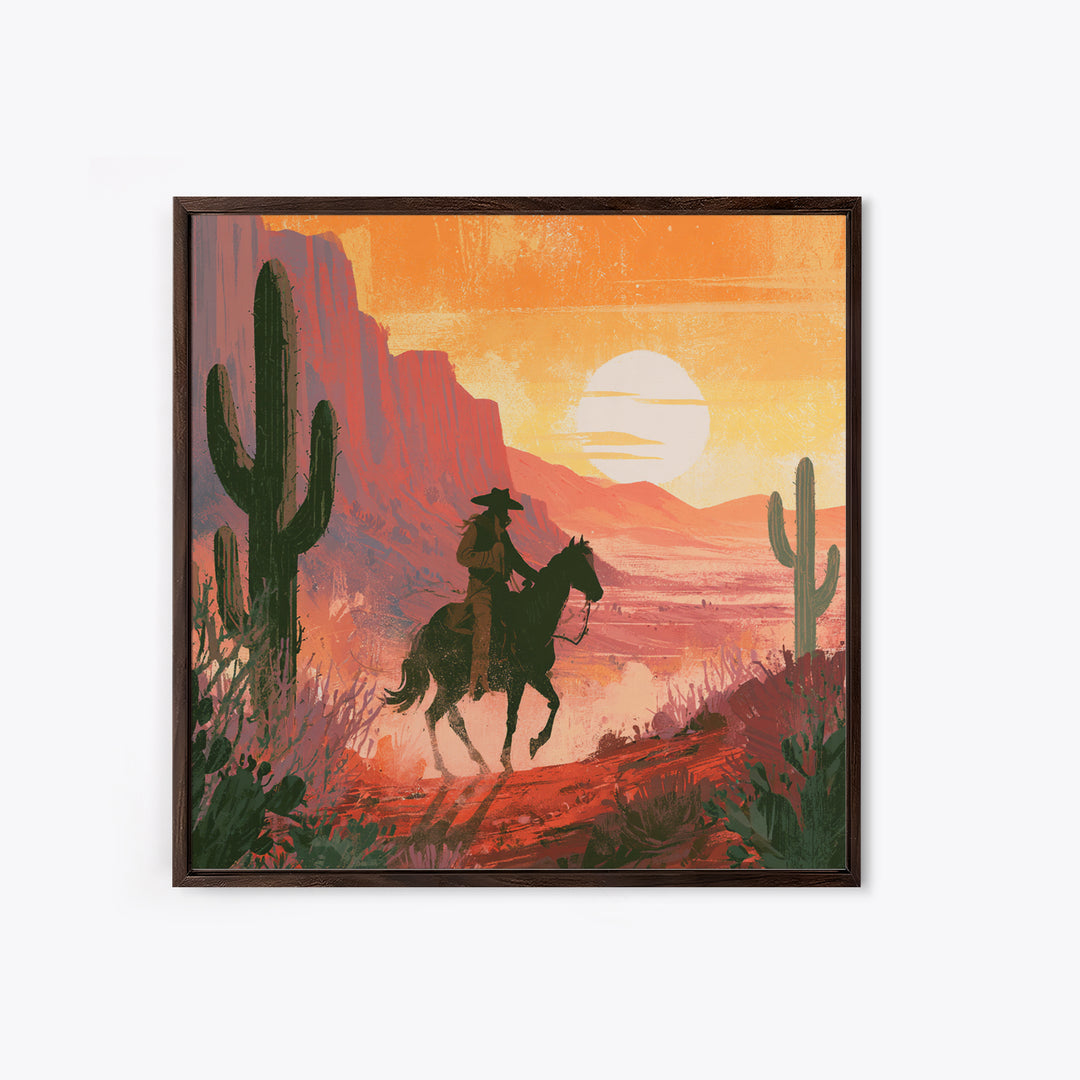 Dusty Horseback Rider at Sunset Framed Canvas Print, Desert Art, Modern Wall Art, Southwestern Decor, Fine Art, Desert, DES-1x1-47