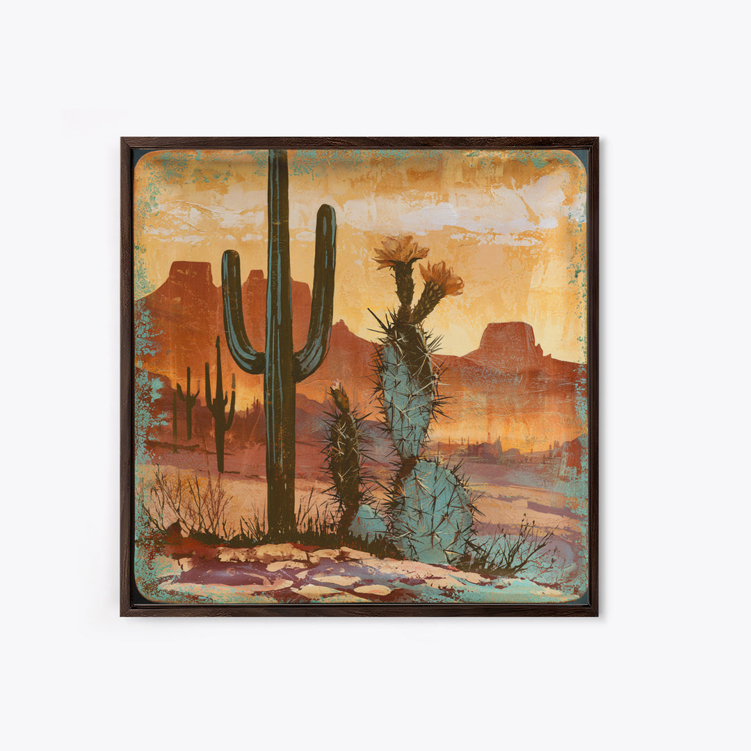 Cactus Botanical Plate Framed Canvas Print, Desert Art, Original Art, Southwestern Decor, Fine Art, Desert, Landscape Wall Art, DES-1x1-56