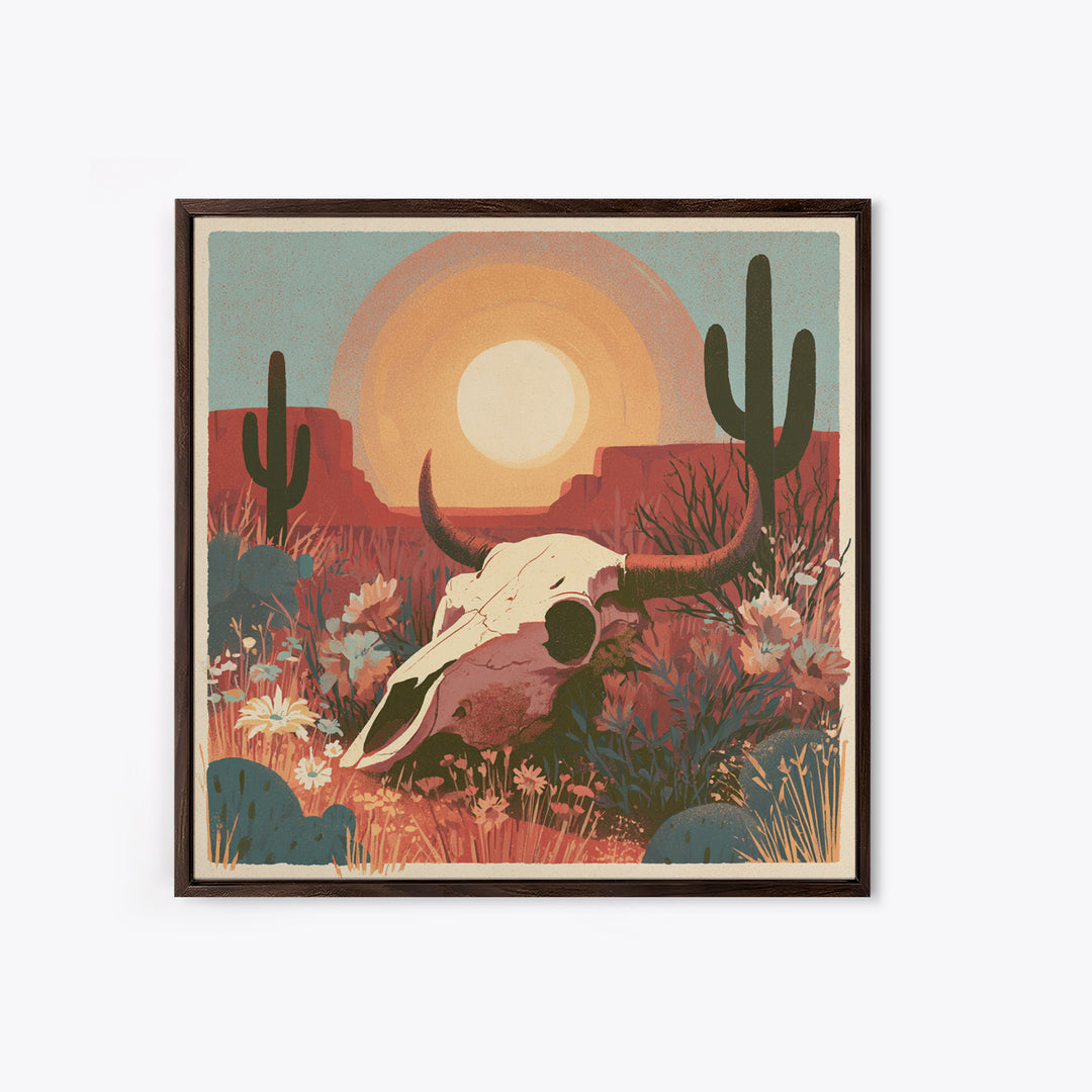 Sun Bleached Skull and Desert Flowers Canvas Print, Desert Art, Western Decor, Southwestern Decor, Desert, Modern Decor, DES-1x1-60