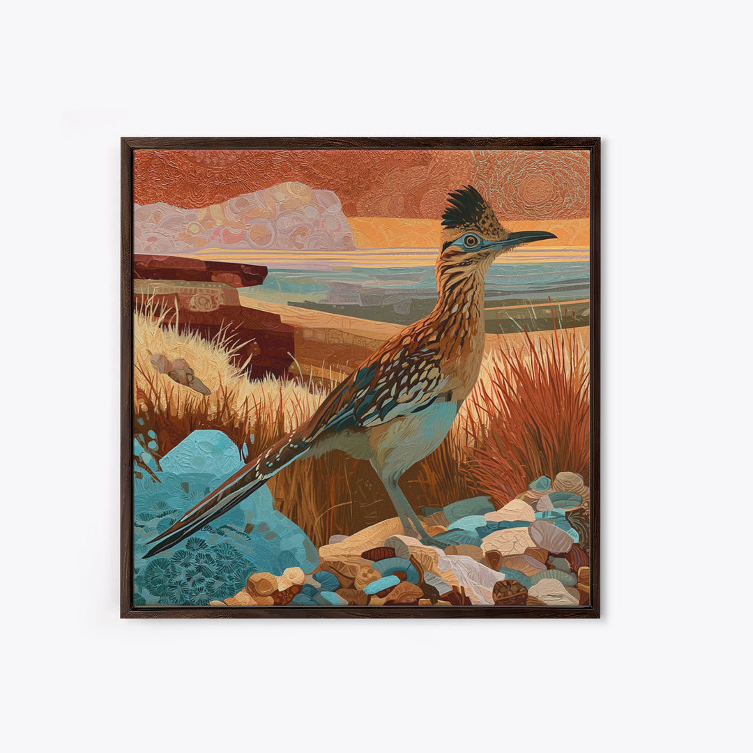 Roadrunner Bird in a Dry Wash Framed Canvas Print, Desert Art, Statement Artwork, Southwestern Decor, Fine Art, Desert, DES-1x1-62