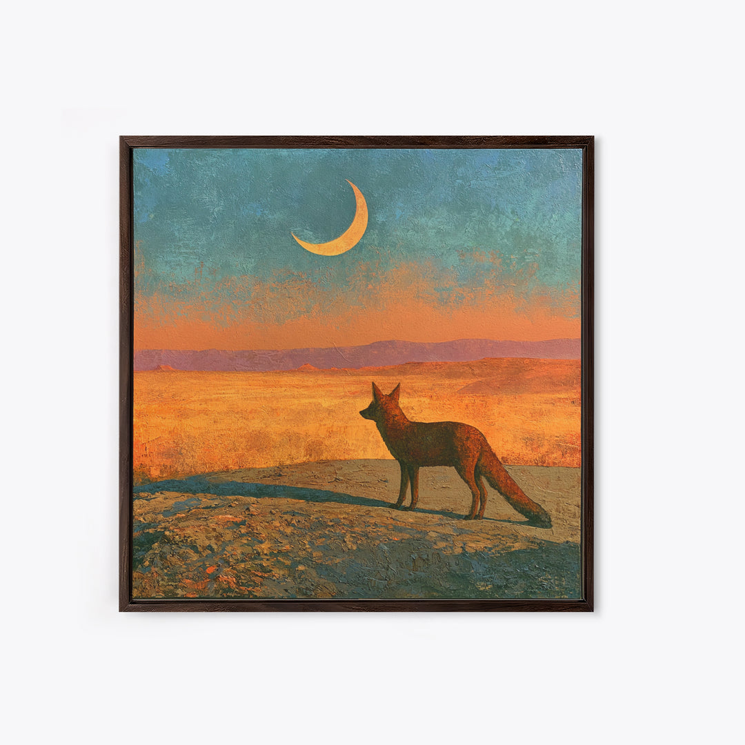 Desert Fox Beneath a Crescent Moon Framed Canvas Print, Desert Art, Wall Art, Southwestern Decor, Oil Painting, Desert, DES-1x1-65