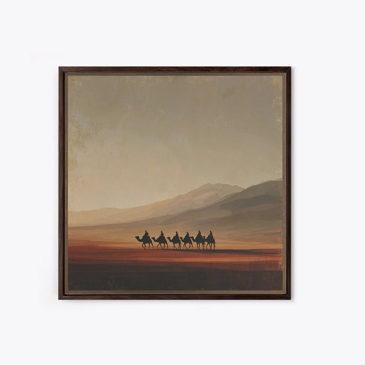 Camel Caravan Crossing Golden Dunes Framed Canvas Print, Desert Art, Living Room Decor, Southwestern Decor, Oil Painting, DES-1x1-7