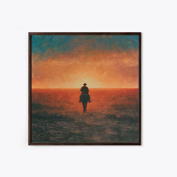 Dusty Horseback Rider at Sunset Framed Canvas Print, Desert Art, Nature Wall Art, Southwestern Decor, Fine Art, Desert, DES-1x1-71