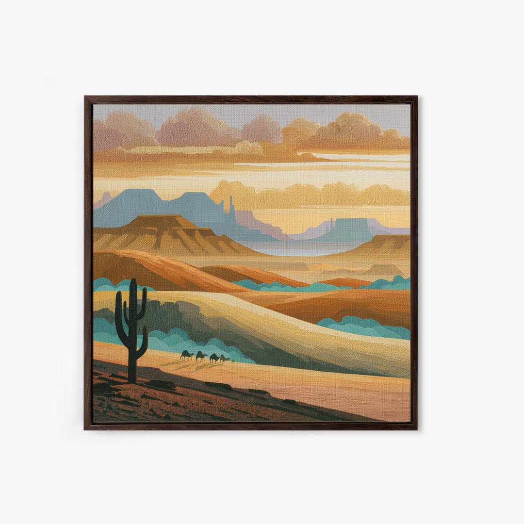 Saharan Dunes with Tiny Caravan Silhouettes Framed Canvas Print, Desert Art, Art Print, Southwestern Decor, Fine Art, Desert, DES-1x1-74