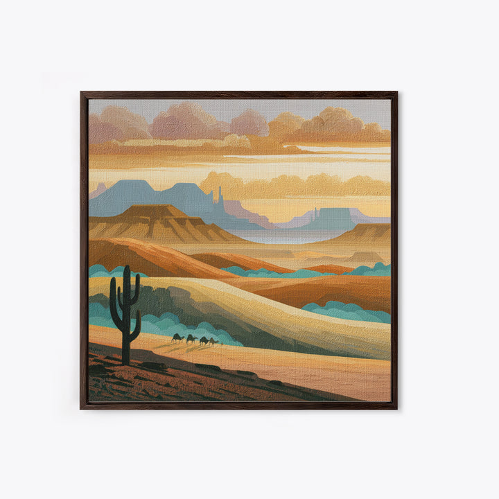Saharan Dunes with Tiny Caravan Silhouettes Framed Canvas Print, Desert Art, Art Print, Southwestern Decor, Fine Art, Desert, DES-1x1-74