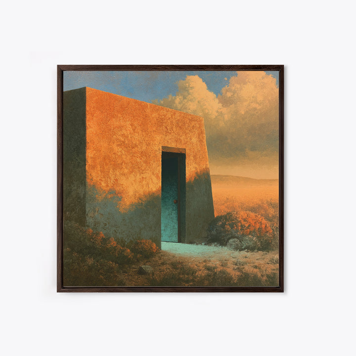 Adobe Doorway with Turquoise Shadow Canvas Print, Desert Art, Oil Painting, Southwestern Decor, Desert, Bedroom Wall Art, DES-1x1-77