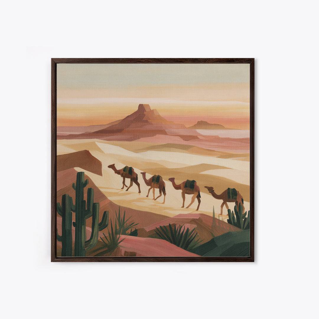 Camel Caravan Crossing Golden Dunes Framed Canvas Print, Desert Art, Art Print, Southwestern Decor, Fine Art, Desert, DES-1x1-79