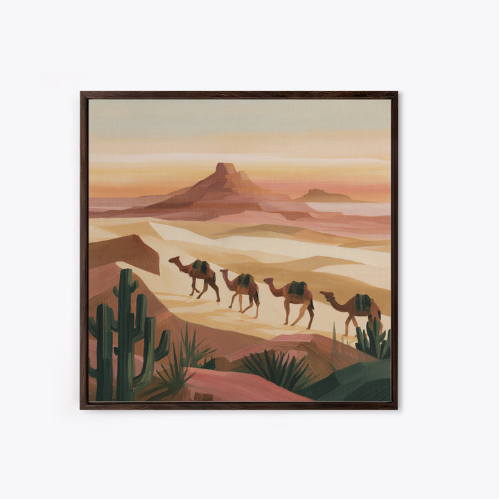 Camel Caravan Crossing Golden Dunes Framed Canvas Print, Desert Art, Art Print, Southwestern Decor, Fine Art, Desert, DES-1x1-79