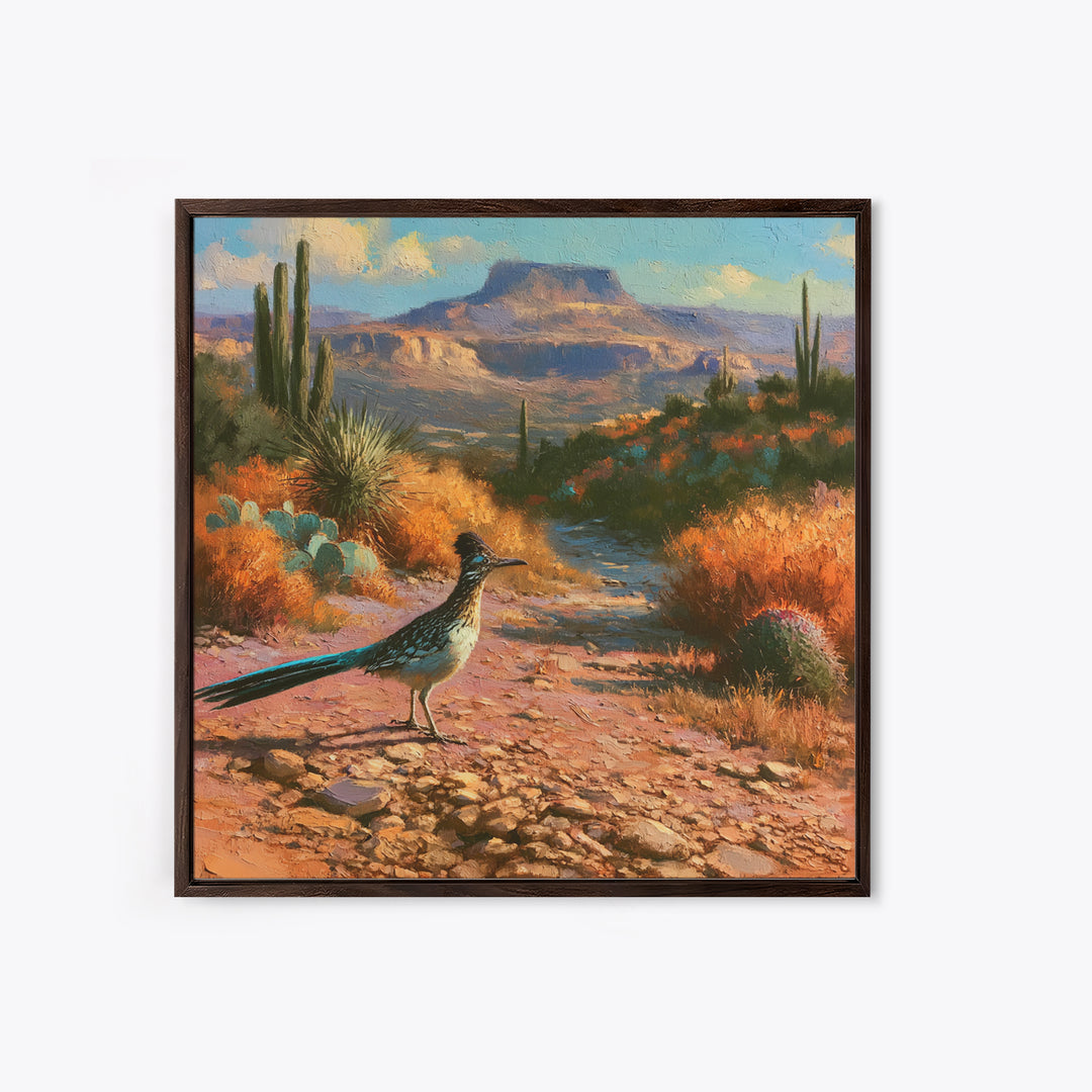 Roadrunner Bird in a Dry Wash Canvas Print, Desert Art, Minimalist Decor, Southwestern Decor, Oil Painting, Desert, Boho, DES-1x1-86