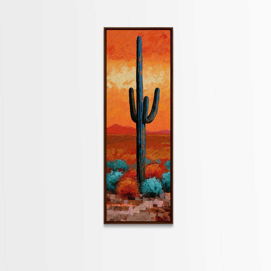 Saguaro Cactus under Orange Sunset Sky Canvas Print, Desert Art, Printable Wall Art, Southwestern Decor, Oil Painting, Desert, DES-1x3-13