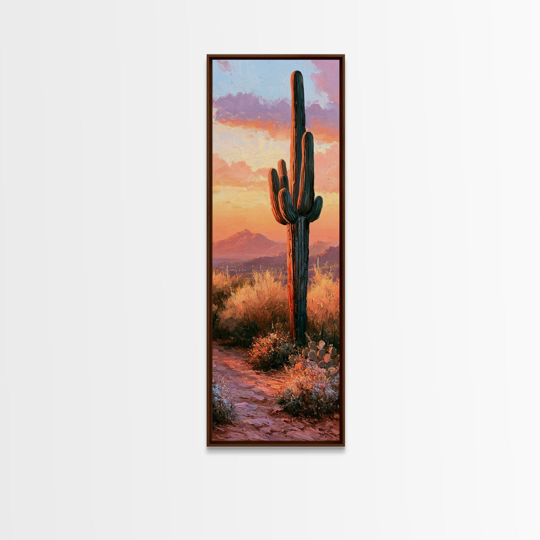 Saguaro Cactus under Orange Sunset Sky Canvas Print, Desert Art, Printable Wall Art, Southwestern Decor, Oil Painting, Desert, DES-1x3-37