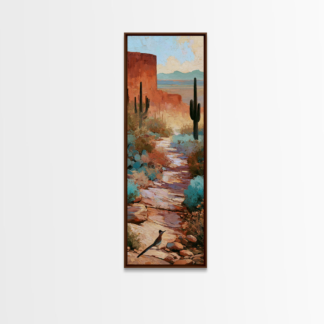 Roadrunner Bird in a Dry Wash Framed Canvas Print, Desert Art, Textured Painting, Southwestern Decor, Fine Art, Desert, DES-1x3-74