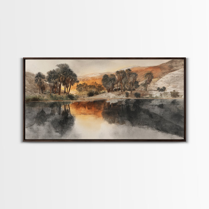 Palm Oasis Reflected Framed Canvas Print, Desert Art, Western Wall Art, Southwestern Decor, Watercolor Art, Desert, DES-2x1-11