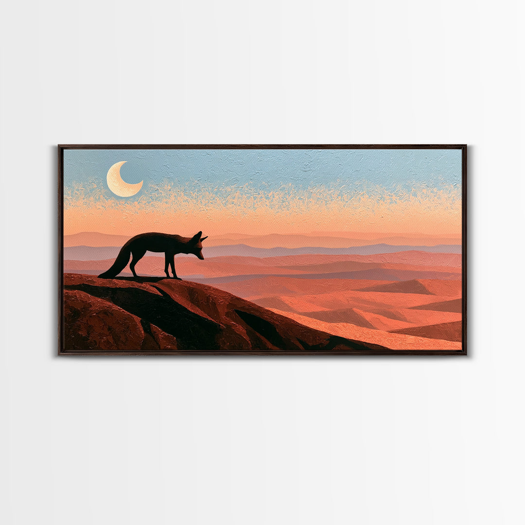 Desert Fox Beneath a Crescent Moon Framed Canvas Print, Desert Art, Original Art, Southwestern Decor, Fine Art, Desert, DES-2x1-37