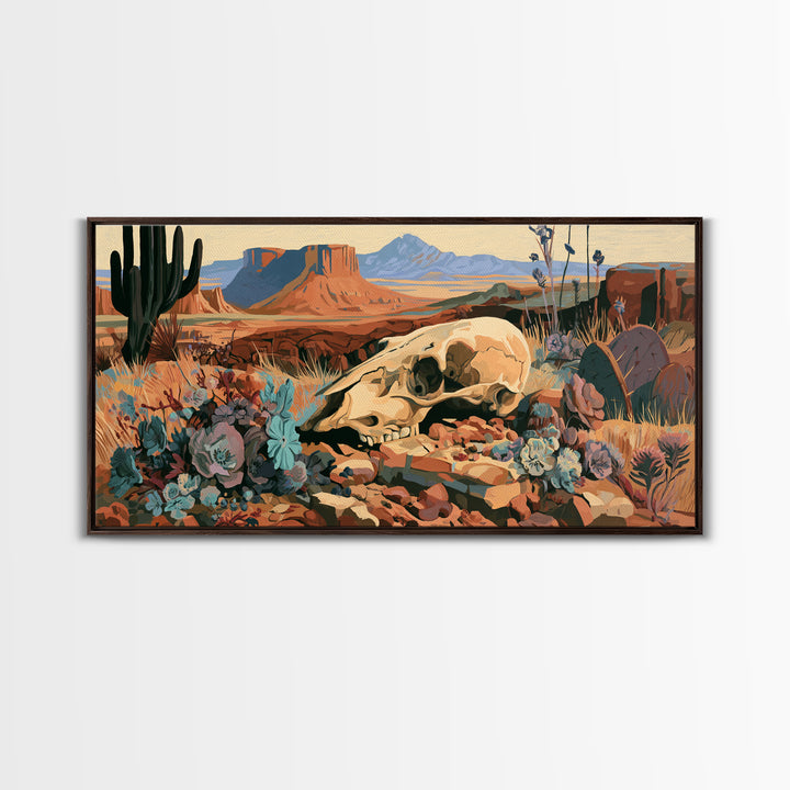 Sun Bleached Skull and Desert Flowers Framed Canvas Print, Desert Art, Wall Art Prints, Southwestern Decor, Fine Art, Desert, DES-2x1-56