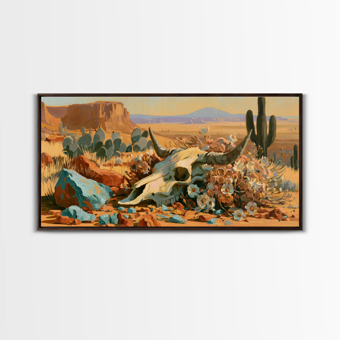 Sun Bleached Skull and Desert Flowers Framed Canvas Print, Desert Art, Art Print, Southwestern Decor, Watercolor Art, Desert, DES-2x1-8