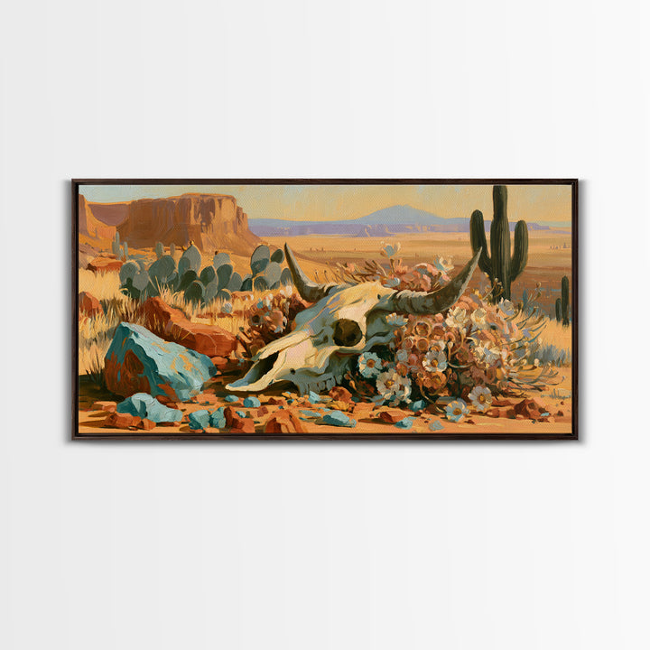 Sun Bleached Skull and Desert Flowers Framed Canvas Print, Desert Art, Art Print, Southwestern Decor, Watercolor Art, Desert, DES-2x1-8