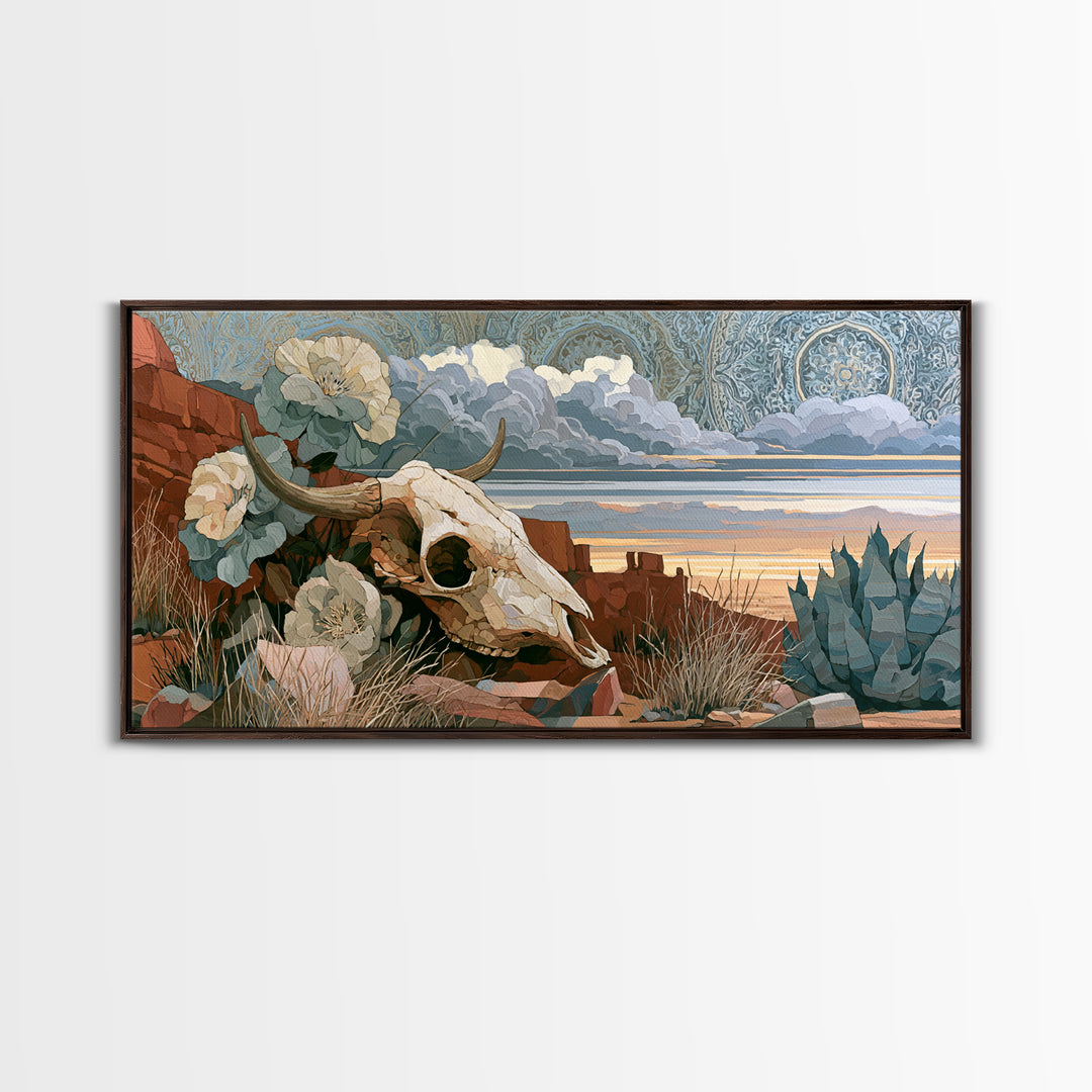 Sun Bleached Skull and Desert Flowers Framed Canvas Print, Desert Art, Modern Wall Art, Southwestern Decor, Oil Painting, DES-2x1-80
