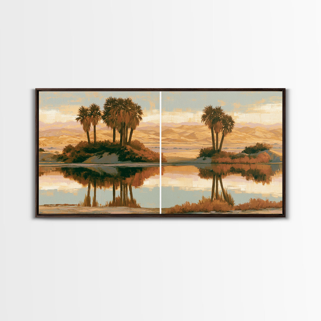Palm Oasis Reflected Framed Canvas Print, Desert Art, Wall Art Prints, Southwestern Decor, Oil Painting, Desert, Boho Decor, DES-2x1-83