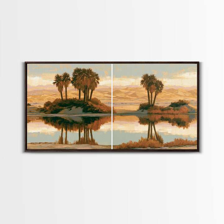 Palm Oasis Reflected Framed Canvas Print, Desert Art, Wall Art Prints, Southwestern Decor, Oil Painting, Desert, Boho Decor, DES-2x1-83