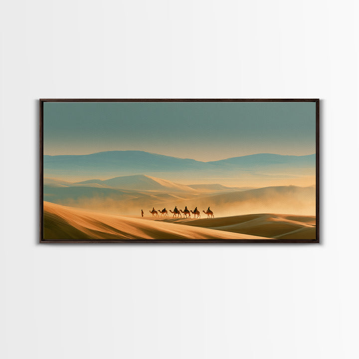 Camel Caravan Crossing Golden Dunes Framed Canvas Print, Desert Art, Western Wall Art, Southwestern Decor, Fine Art, Desert, DES-2x1-99
