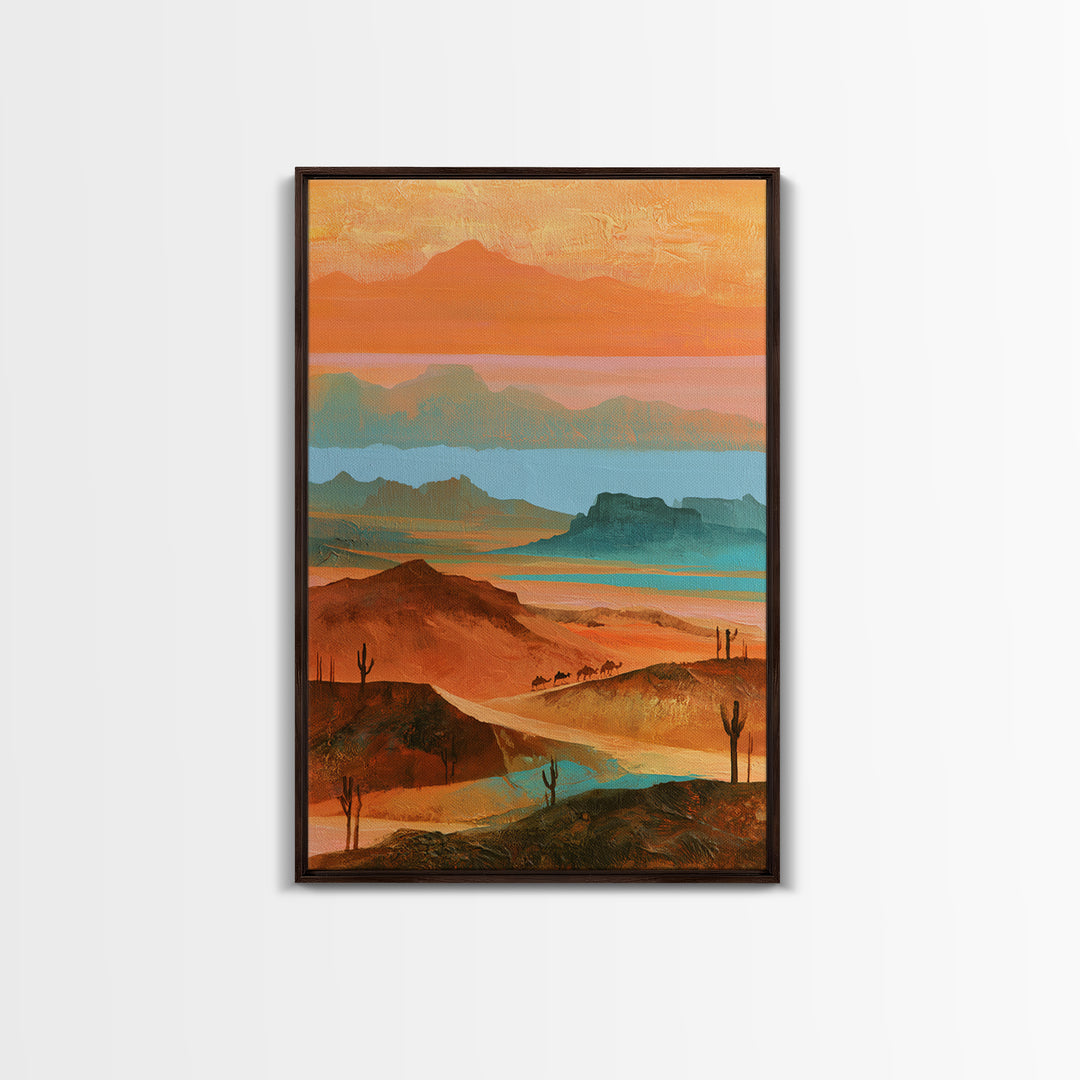 Saharan Dunes with Tiny Caravan Silhouettes Canvas Print, Desert Art, Print, Southwestern Decor, Desert, Watercolor Painting, DES-2x3-10