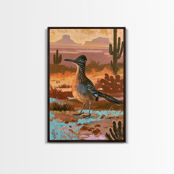 Roadrunner Bird in a Dry Wash Framed Canvas Print, Desert Art, Original Painting, Southwestern Decor, Fine Art, Desert, DES-2x3-22