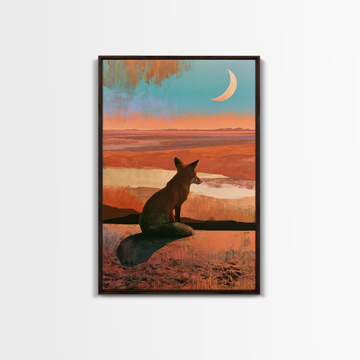Desert Fox Beneath a Crescent Moon Framed Canvas Print, Desert Art, Abstract Wall Art, Southwestern Decor, Oil Painting, Desert, DES-2x3-25