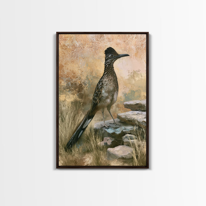 Roadrunner Bird in a Dry Wash Framed Canvas Print, Desert Art, Original Painting, Southwestern Decor, Fine Art, Desert, DES-2x3-46