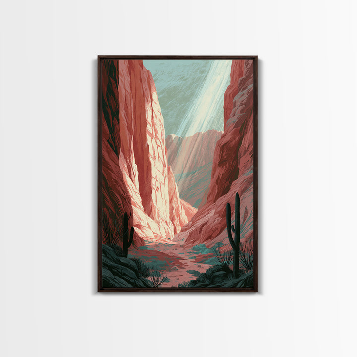Sandstone Canyon with Dramatic Light Beam Framed Canvas Print, Desert Art, Boho, Southwestern Decor, Watercolor Art, Desert, DES-2x3-48
