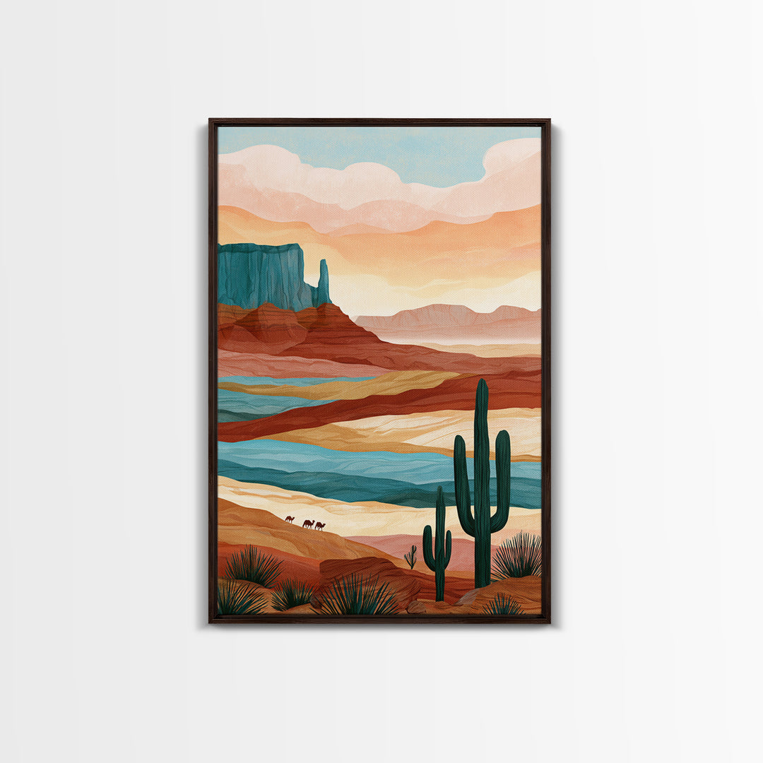 Saharan Dunes with Tiny Caravan Silhouettes Canvas Print, Desert Art, Boho Wall Art, Southwestern Decor, Watercolor Art, Desert, DES-2x3-58
