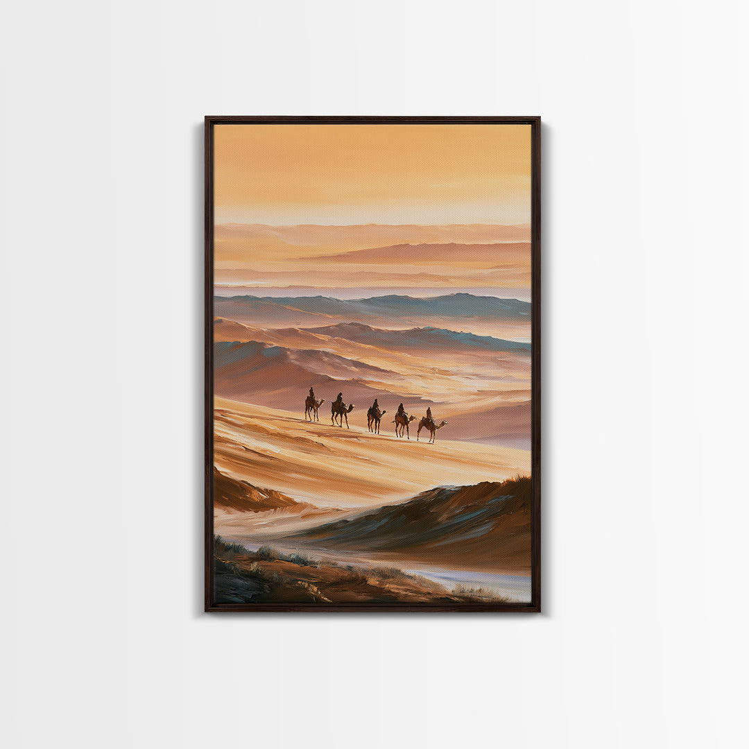 Camel Caravan Crossing Golden Dunes Framed Canvas Print, Desert Art, Botanical Art, Southwestern Decor, Watercolor Art, Desert, DES-2x3-63
