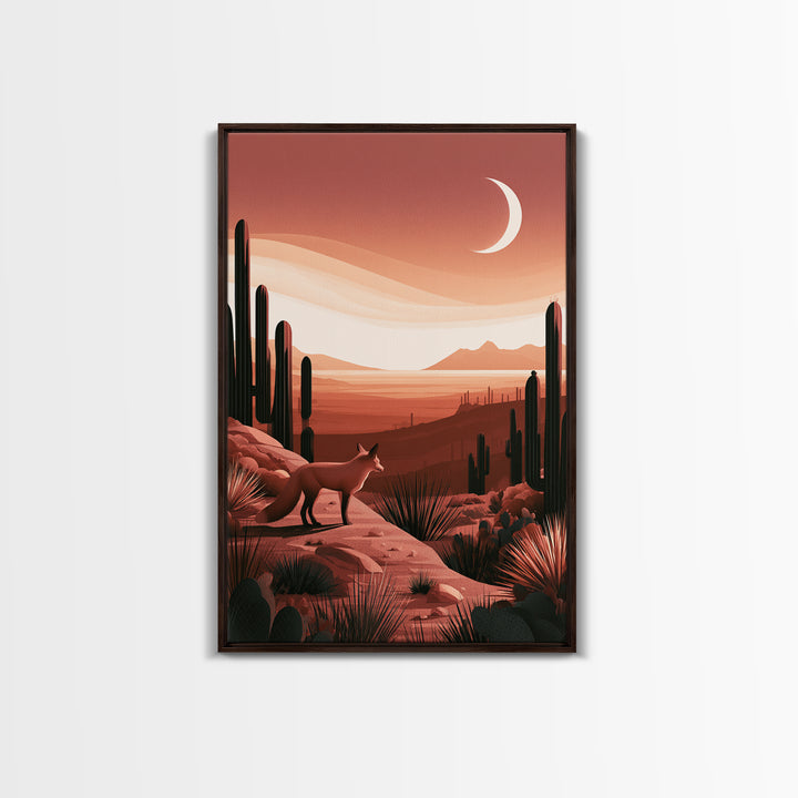 Desert Fox Beneath a Crescent Moon Framed Canvas Print, Desert Art, Botanical Art, Southwestern Decor, Fine Art, Desert, DES-2x3-73