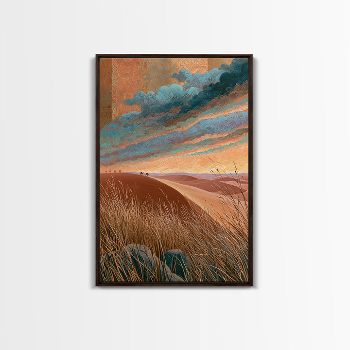 Saharan Dunes with Tiny Caravan Silhouettes Canvas Print, Desert Art, Boho Wall Art, Southwestern Decor, Watercolor Art, Desert, DES-2x3-82