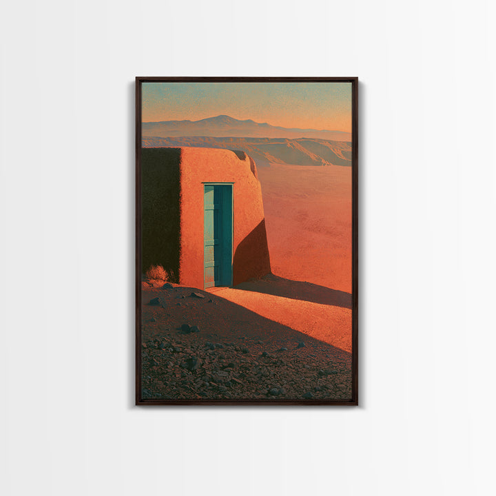 Adobe Doorway with Turquoise Shadow Framed Canvas Print, Desert Art, Nature Wall Art, Southwestern Decor, Oil Painting, Desert, DES-2x3-85