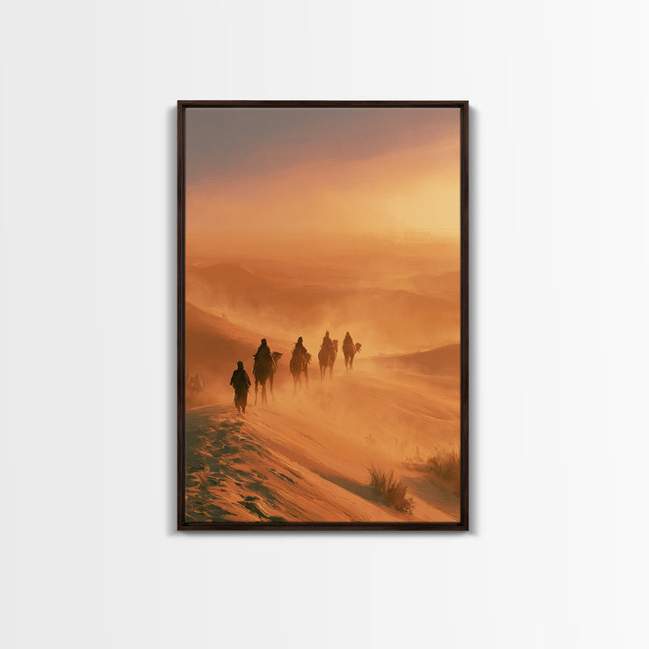 Camel Caravan Crossing Golden Dunes Framed Canvas Print, Desert Art, Southwestern Decor, Oil Painting, Desert, DES-2x3-87