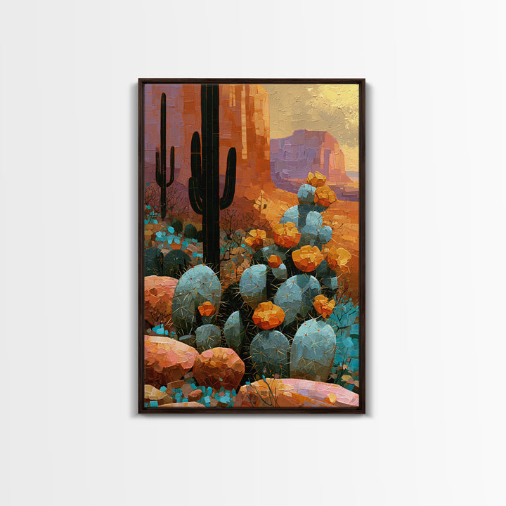 Cactus Botanical Plate Framed Canvas Print, Desert Art, Colorful Wall Art, Southwestern Decor, Fine Art, Desert, DES-2x3-88