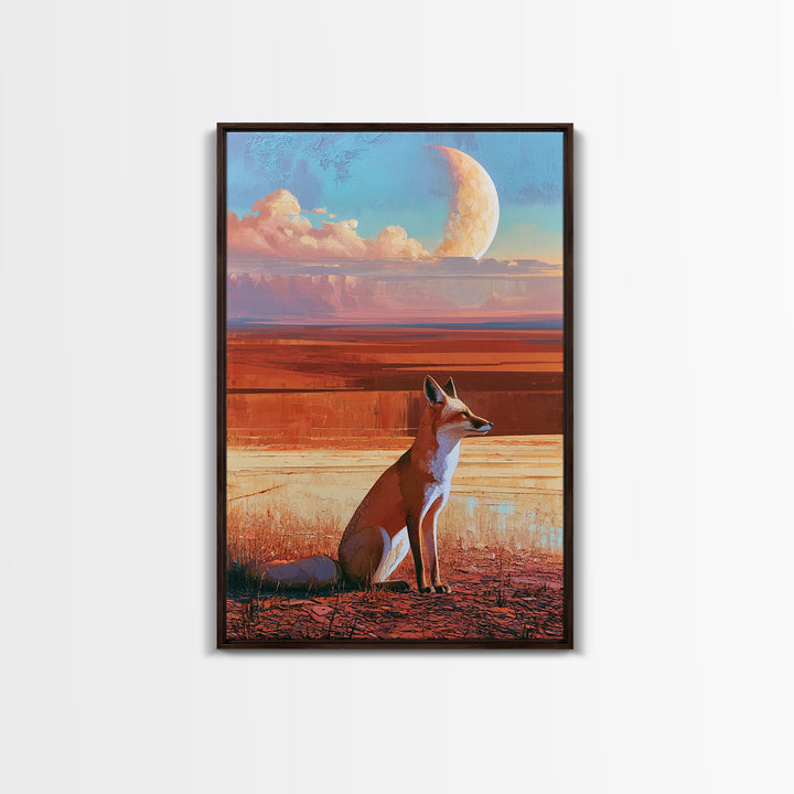 Desert Fox Beneath a Crescent Moon Framed Canvas Print, Desert Art, Botanical Art, Southwestern Decor, Fine Art, Desert, DES-2x3-97